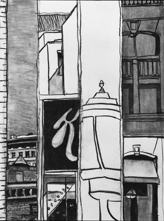 Union Square; 
2018;  charcoal on paper, 24 x 18"